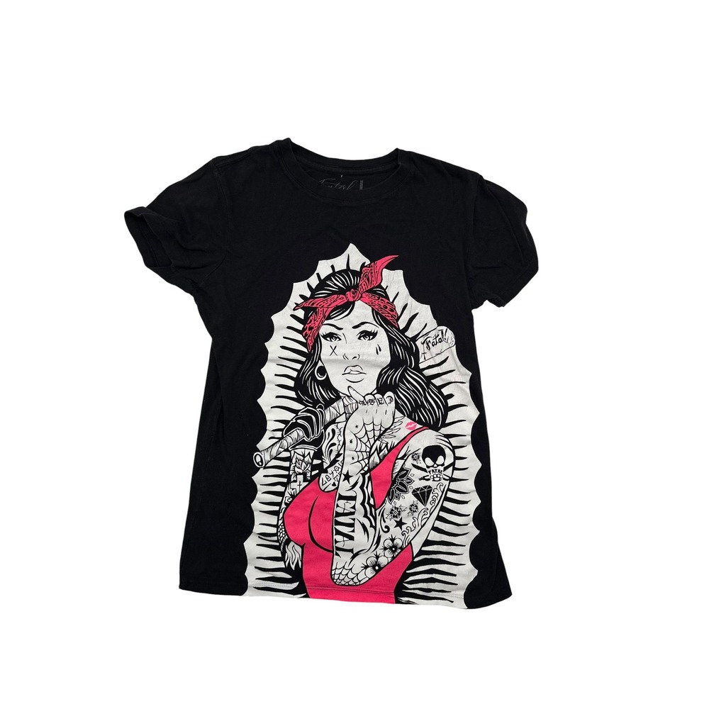 Fatal Clothing Black Graphic Tee Tattooed Woman Bandana Chicana Streetwear Large
